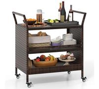 COSTWAY Chariot de Bar Extérieur, Chariot à roulettes en Rotin à 3 Niveaux, Verrouillables & Poignées Latérales, Table de Service en Osier sur Roues pour Jardin, Piscine, Véranda