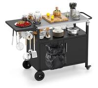 COSTWAY Chariot de Barbecue avec Rangement, Plateau Pliable en Acier Inoxydable, 6 Crochets, Armoire à 2 Portes, pour Pique-Nique