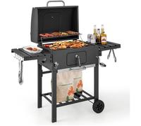 COSTWAY Chariot de Barbecue Charbon de Bois Extérieur,Grille Chauffante,2 Roues-2 Tables Latérale-Crochets-Ouvre-Bouteille Pliables