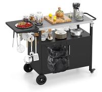 COSTWAY Chariot de Barbecue d'Extérieur avec Rangement, Desserte de Jardin avec Plateau Pliable en Acier Inoxydable 6 Crochets Etagère Ouverte Armoire à 2 Portes, 127 x 50 x 84 cm