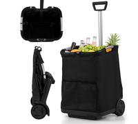 COSTWAY Chariot de Courses Pliable 50 L, Cadie à roulettes de Courses, 3 Poches, Poignée Rétractable, Chariot Courses à roulettes, Cadre en Aluminium Robuste, Capacité 35 kg (Noir)