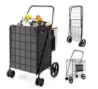 COSTWAY Chariot de Courses Pliable à 4 Roues, Caddie de Courses à Double Panier, Cadre Métallique et Doublure en Oxford, Capacité 126L et Charge 150KG, pour Marché, Epicerie, Lessive (Noir)