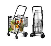 COSTWAY Chariot de Courses Pliable avec Roues universelles et Panier Double, 48 l + 10 l, Portable, avec poignée réglable, pour Linge, Shopping, Bagages (Noir)