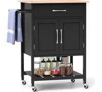 COSTWAY Chariot de cuisine avec plan de travail, chariot de service à roulettes, chariot à roulettes avec tiroir & armoire à 2 portes & plateau inférieur & porte-serviettes, îlot de cuisine pour cuisi