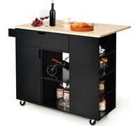 COSTWAY Chariot de cuisine avec plan de travail extensible, Chariot de service sur roulettes, Chariot de cuisine îlot en bois, Armoire de cuisine avec étagères & tiroir & étagère à épices, Chariot de