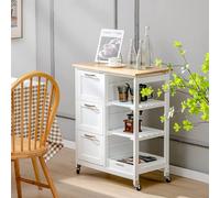 COSTWAY Chariot de cuisine avec plateau, 2 niveaux d'étagères et 3 grands tiroirs, armoire de cuisine sur roulettes, îlot de cuisine en bois d'hévéa, chariot de service 67 x 37 x 82,5 cm