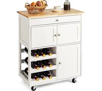 COSTWAY Chariot de cuisine, chariot de service avec plateau en bois, chariot pour îlot de cuisine avec 1 tiroir, 3 rangées de casiers à vin, 2 armoires, chariot de stockage sur roulettes,