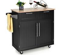 COSTWAY Chariot de cuisine Ilot de cuisine avec plan de travail, 2 tiroirs portes & porte-serviettes, chariot de service en bois avec roulettes, 94x45,5x94,5cm, noir