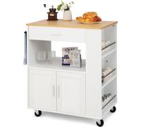 COSTWAY Chariot de cuisine sur roulettes, Chariot de service avec plan de travail, porte-serviettes, 3 étagères à épices & tiroir, Ilot de cuisine Armoire de cuisine Bois Blanc