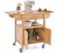 COSTWAY Chariot de cuisine sur roulettes, Chariot de service avec plan de travail rabattable, tiroir, armoire & compartiment ouvert, Chariot de cuisine îlot bois 114x51x88cm