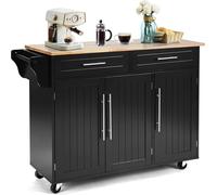 COSTWAY Chariot de cuisine sur roulettes, Chariot de service cuisine, Chariot de cuisine avec tiroirs, Chariot d'appoint Ilot de cuisine Buffet en bois, Armoire de cuisine avec plan de travail (Noir)