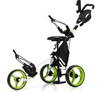 COSTWAY Chariot de golf 3 roues pliable, chariot de golf avec support pour compteur Golf Scorer et porte-gobelet vert