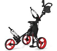 COSTWAY Chariot de golf à 3 roues avec siège hydraulique, chariot de golf avec sac de rangement et porte-boisson, chariot coulissant, chariot de golf à pousser, chariot de golf noir