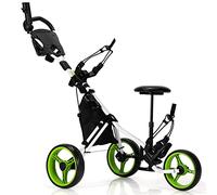 COSTWAY Chariot de Golf à 3 Roues Pliable, avec Porte-gobelet, Frein à Pied, Tableau de Score, Sac de Rangement, Poignée Réglable sur 4 Positions, Porte-Parapluie et Siège Réglables(Vert + Noir)