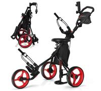 COSTWAY Chariot de Golf Pliable 3 Roues-4 Hauteurs Réglables-Siège Hydraulique-Porte-Parapluie Réglable-Porte-Boisson-Sac-Rouge