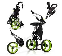 COSTWAY Chariot de Golf Pliable 3 Roues-4 Hauteurs Réglables-Siège Hydraulique-Porte-Parapluie Réglable-Porte-Boisson-Sac-Vert