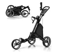 COSTWAY Chariot de Golf Pliable à 3 Roues avec Sangle Élastique | Accessoires de Golf avec Porte-parasol Réglable, Porte-gobelet et Sac de Rangement Recouvert d'Aluminium Rouge/Vert/Bleu/Gris
