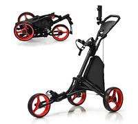 COSTWAY Chariot de Golf Pliable à 3 Roues avec Sangle Élastique | Accessoires de Golf avec Porte-parasol Réglable, Porte-gobelet et Sac de Rangement Recouvert d'Aluminium Rouge/Vert/Bleu/Gris