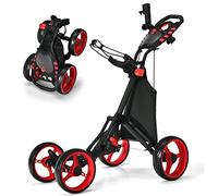 COSTWAY Chariot de Golf Pliable à Pousser ou à Tirer à 4 Roues, Chariot de Golf Léger avec Sac Imperméable et Frein à Pied Porte-Parapluie Réglable Poignée Réglable (Rouge)