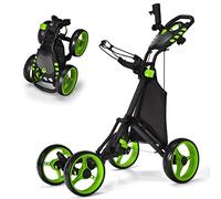 COSTWAY Chariot de Golf Pliable à Pousser ou à Tirer à 4 Roues, Chariot de Golf Léger avec Sac Imperméable et Frein à Pied Porte-Parapluie Réglable Poignée Réglable (Vert)