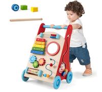 COSTWAY Chariot de Marche en Bois avec 3 Blocs & 1 Maillet & Xylophone & Labyrinthe, Trotteur Bébé Montessori avec Compartiment Arrière & 4 Roues, Marcheur D'Apprentissage Bébé pour 3 Ans+
