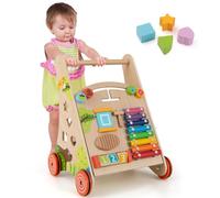 COSTWAY Chariot de Marche en Bois avec 4 Blocs & Xylophone & Labyrinthe, Trotteur Bébé Montessori avec Compartiment Arrière & 4 Roues & Poignée, Marcheur D'Apprentissage Bébé pour 3 Ans+