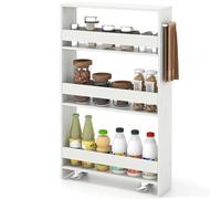 COSTWAY Chariot de Rangement 13 cm à roulettes, Desserte de Cuisine Etroit à 4 Niveaux avec Poignée Latérale et Roues Universelles avec Freins, Design Étroit pour Petit Espace (Blanc Pur)