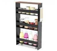 COSTWAY Chariot de Rangement 13 cm à roulettes, Desserte de Cuisine Etroit à 4 Niveaux avec Poignée Latérale et Roues Universelles avec Freins, Design Étroit pour Petit Espace (Noir + Brun)