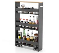 COSTWAY Chariot de Rangement 13 cm à roulettes, Desserte de Cuisine Etroit à 4 Niveaux avec Poignée Latérale et Roues Universelles avec Freins, Design Étroit pour Petit Espace (Gris + Naturel)