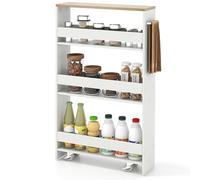 COSTWAY Chariot de Rangement 13 cm à roulettes, Desserte de Cuisine Etroit à 4 Niveaux avec Poignée Latérale et Roues Universelles avec Freins, Design Étroit pour Petit Espace (Blanc+ Naturel)