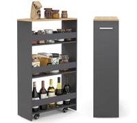 COSTWAY Chariot de Rangement 20 cm à roulettes, Desserte de Cuisine à 4 Niveaux avec Poignée Latérale et Roues Universelles avec Freins, Design Étroit pour Petit Espace (Gris + Naturel)