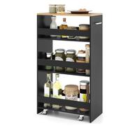 COSTWAY Chariot de Rangement 25 cm à roulettes, Desserte de Cuisine Etroit à 4 Niveaux avec Poignée Latérale et Roues Universelles avec Freins, Design Étroit pour Petit Espace (Noir + Naturel)