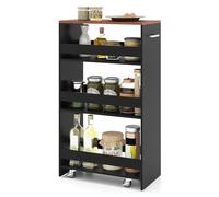 COSTWAY Chariot de Rangement 25 cm à roulettes, Desserte de Cuisine Etroit à 4 Niveaux avec Poignée Latérale et Roues Universelles avec Freins, Design Étroit pour Petit Espace (Noir + Brun)