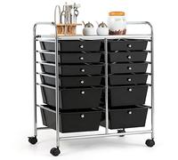 COSTWAY Chariot de Rangement à Roulette 12 Tiroirs en PP, Tour de Rangement avec Tablette, Cadre en Métal, Desserte Meuble Tiroir pour Cuisine, Salle de Bain, École, 64x38x75cm(Noir)