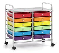 COSTWAY Chariot de Rangement à roulettes 12 Tiroirs en PP, Tour de Rangement avec Tablette, Roues Universelles, Cadre en Métal, Desserte Meuble Tiroir pour Bureau École Salon (Multicolore)