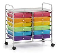 COSTWAY Chariot de Rangement à roulettes 12 Tiroirs en PP, Tour de Rangement avec Tablette, Roues Universelles, Cadre en Métal, Desserte Meuble Tiroir pour Bureau École Salon (Multicolore Clair)