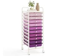 COSTWAY Chariot de Rangement à roulettes avec 10 Tiroirs Plastiques Amovibles, Tour de Rangement à roulettes, Cadre en Métal, Desserte pour Cuisine Salle de Bain École (33x37x86cm,Violet Dégradé)