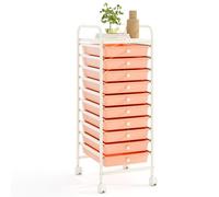COSTWAY Chariot de Rangement à roulettes avec 10 Tiroirs Plastiques Amovibles, Tour de Rangement à roulettes, Cadre en Métal, Desserte pour Cuisine Salle de Bain École, 33x37x86cm (Rose Pêche)
