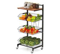 COSTWAY Chariot de Rangement à roulettes, Desserte 4 Niveaux, Paniers Réglables en Hauteur et Amovibles, Plateau Supérieur en Bois, Etagere Cuisine pour Snacks Fruits Légumes, 40 × 31 × 88 cm