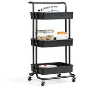 COSTWAY Chariot de Rangement avec 3 Paniers et Poignée, Chariot de Service en Métal Anti-Rouille, Desserte à roulettes Charge Max. 60KG pour Cuisine, Bureau,Bibliothèque, Salon, 42 x 35 x 87 CM(Noir)