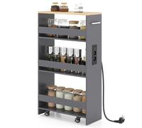 COSTWAY Chariot de Rangement Roulant 20 cm, Mltiprise avec Ports USB, Desserte de Cuisine à 4 Niveaux, roulettes avec Frein et Poignée Latérale, Design Étroit pour Petit Espace (Gris + Naturel)