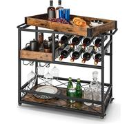 COSTWAY Chariot de service à 3 niveaux avec plateau amovible, chariot de cuisine avec 2 rangées de porte-verres et 8 casiers à vin, chariot roulant en bois pour cuisine, salle à manger et bar, vintage