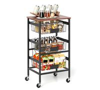 CostwayChariot de Rangement de Cuisine à 4 Étagères Chariot Utilitaire Mobile avec Dessus en Bois Paniers Coulissants
