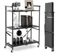 CostwayChariot de Service à roulettes Pliable - 3 Niveaux 4 Roues Flexibles (2 Verrouillables) pour Cuisine Garage Jardin Noir