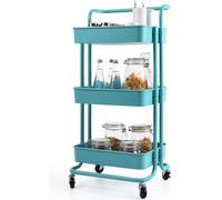 COSTWAY Chariot de service sur roulettes, Chariot de cuisine avec cadre métallique, Chariot à roulettes avec 3 étagères, Chariot multi-usages Chariot d'appoint Chariot de salle de bain, Bleu