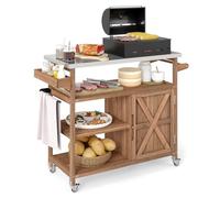 COSTWAY Chariot d'Extérieur en Bois avec Rangement, Meuble de Préparation BBQ avec Plateau 3 Étagères Ouvertes & Armoire Support à Épices Porte-Serviettes 4 roulettes, pour Patio Jardin