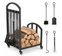 COSTWAY Chariot Range Buche a Roulette en Métal, 42 x 38 x 75 cm | 4 Kits pour Cheminée, Porte Buche a Roulettes Charge 100 KG par Niveau, Rangement Bois pour Poele, Foyer