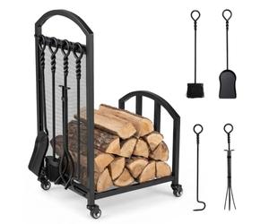 COSTWAY Chariot Range Buche a Roulette en Métal, 42 x 38 x 75 cm | 4 Kits pour Cheminée, Porte Buche a Roulettes Charge 100 KG par Niveau, Rangement Bois pour Poele, Foyer