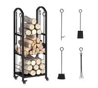 COSTWAY Chariot Range Buche Interieur, Porte Buche a Roulettes avec 4 Kits pour Cheminée, Étagères en Métal, Charge 60 KG par Niveau, Rangement Bois pour Poele, Foyer (40 x 30 x 108 cm)