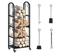 COSTWAY Chariot Range Buche Interieur, Porte Buche a Roulettes avec 4 Kits pour Cheminée, Étagères en Métal, Charge 60 KG par Niveau, Rangement Bois pour Poele, Foyer (47 x 33 x 122 cm)